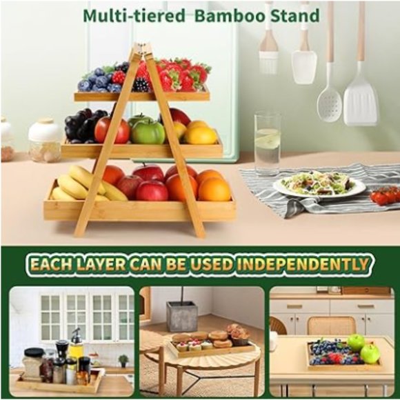 3-Tier Bamboo Fruit Basket - Veggie & Fruit Stand w/ Removable Serving Trays - Picture 5 of 9